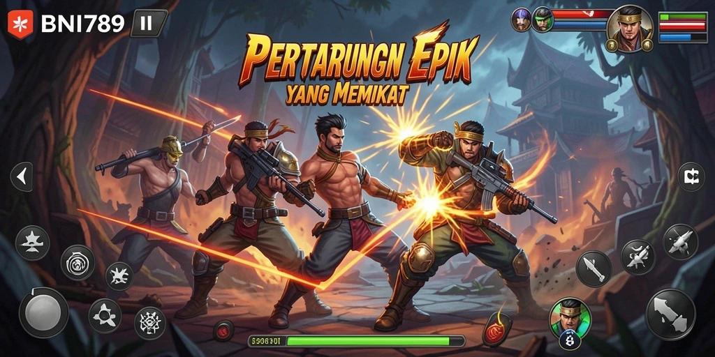 Screenshot BNI789 menampilkan pertarungan intens dengan karakter unik.