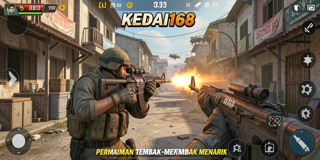 Screenshot gameplay KEDAI168 menampilkan aksi tembak-menembak yang seru.